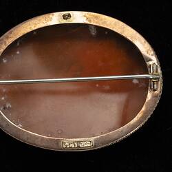 Back of oval cameo brooch with gold setting. Horizontal pin.