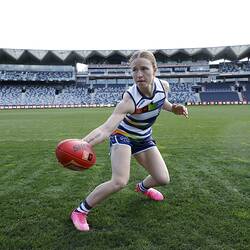 Digital Photograph - Mikayla Bowen In Baulk Position, Geelong Football Club AFL Women's Team (AFLW), Geelong, Aug 2023