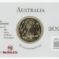 Gold coin depicting Kangaroos mounted in rectangular card.