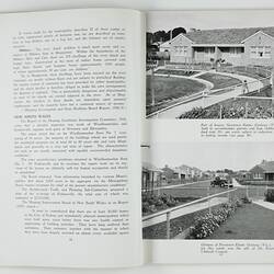 Open booklet with white pages and black printing. Houses on right page.