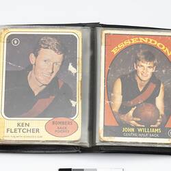Brown vinyl wallet, open. Two plastic sleeves house football cards of VFL players.