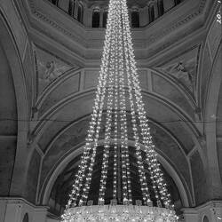 Negative - State Electricity Commission, 'Fountain of light' Chandelier, Royal Exhibition Building, Carlton, Victoria, Oct 1954