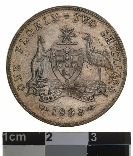Specimen Coin - Florin (2 Shillings), Proof Strike, Australia, 1933, photographed by Museums Victoria