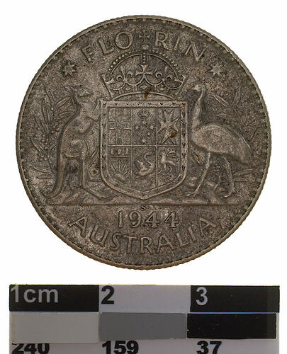 Coin - Florin (2 Shillings), Australia, 1944, photographed by Museums Victoria