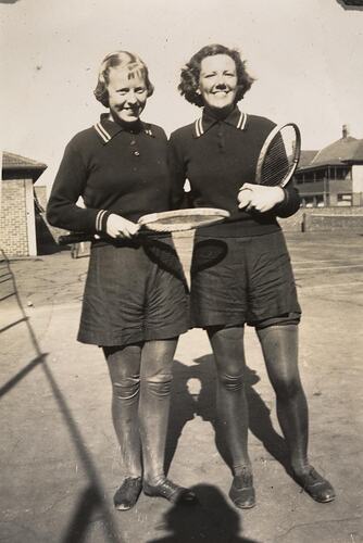 Digital Photograph - Two Students in Tennis Uniforms, Melbourne Church of England Girls Grammar School, South Yarra, 1939