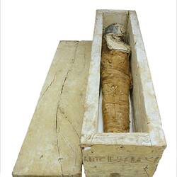 Mummy and sarcophagus of Tjeby (1956-1870 BC), human remains with linen, mud and plaster with polychrome decorations, and wood with plaster pigment