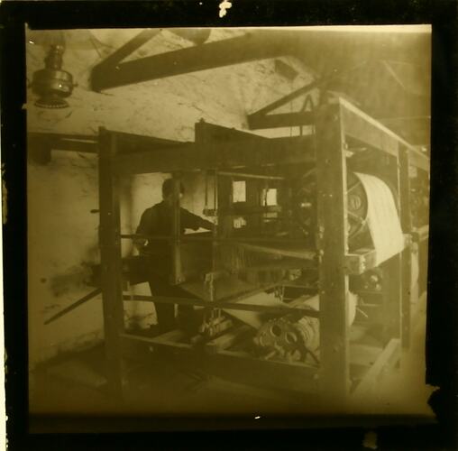 Lantern Slide - Royal Victorian Institute for the Blind, Boy Using Textile Making Equipment, circa 1900 (Damaged)