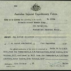 Certificate - Australian Imperial Expeditionary Forces, Private A.E. Kemp, Killed in Action, 29 Jan 1918