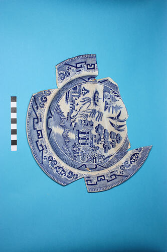 Dinner Plate - Whiteware, Blue transfer-printed, Willow pattern, after 1805 (Fragment, Flawed)