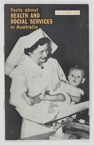 Cover of health booklet featuring nurse and baby.