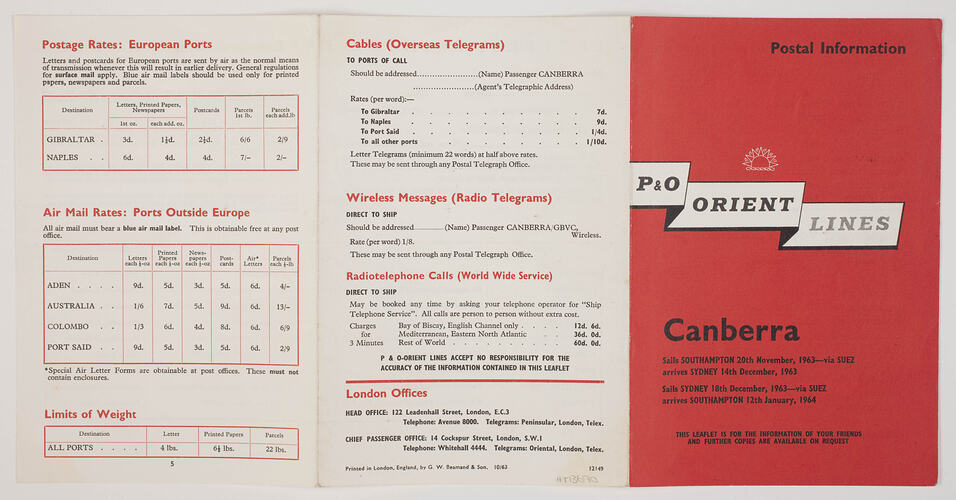 Leaflet - P&O Orient Lines 'Canberra' Postal Information, 1963