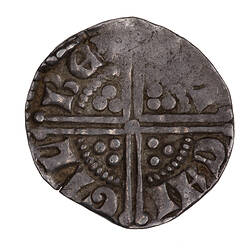 Coin, round, long cross voided which breaks through a beaded circle, a quatrefoil in each angle.