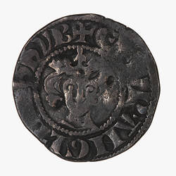 Coin, round, a crowned bust of the King facing; text around, + EDW R ANGL DNS HYB.