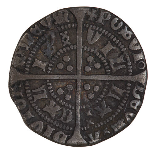Coin, round, long cross pattee dividing legend; text around in two concentric circles.
