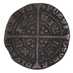 Coin, round, long cross pattee dividing legend; text around in two concentric circles.