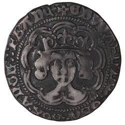 Coin, round, crowned bust of the King facing within a tressure of nine arches; text around.