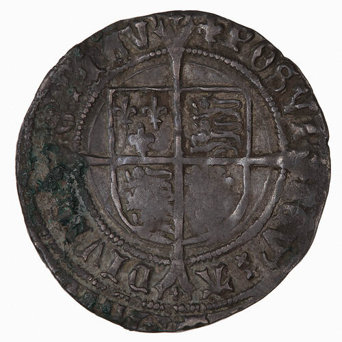 Coin, round, A shield quartered with the arms of England and France below long cross fourchee; text around.