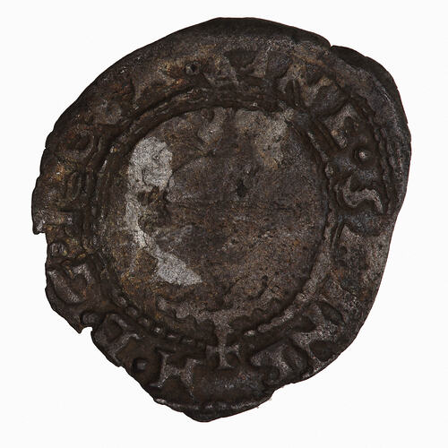 Coin, round, Crowned bust of the King facing within a circle of beads; text around.