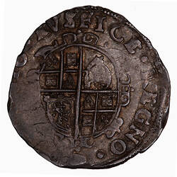 Coin, round, shield quartered with the arms of England, France, Scotland and Ireland.