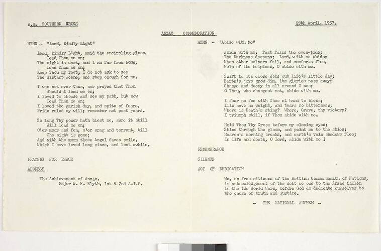 Leaflet - SS Southern Cross, Order of Service for Anzac Commemoration, 25th Apr 1957