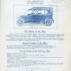 Descriptive Leaflet - Jas. A. Munro & Co., Mors Motor Cars, 1912