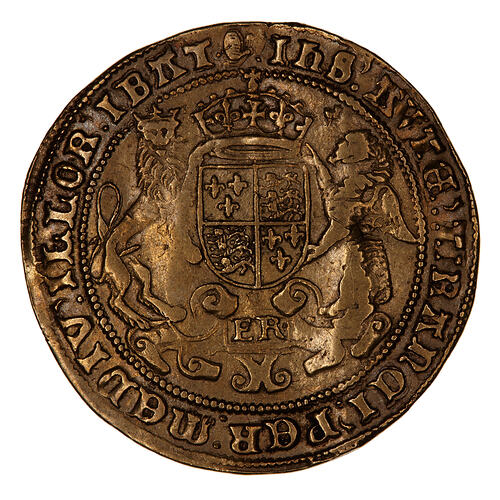 Coin, round, crowned shield quartered with arms of England and France, crowned lion on left, dragon on right.