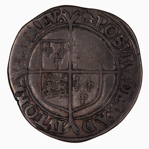 Coin, round, Within a bead circle a plain square top shield quartered with arms of France and England.