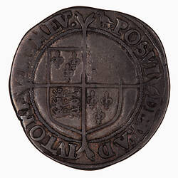 Coin, round, Within a bead circle a plain square top shield quartered with arms of France and England.