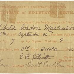 Certificate - Registry Of Birth, Archibald Gordon Maclaurin, England, 3 Oct 1904
