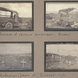 Four photographs, top of a destroyed truck, bottom two of a graveyard.