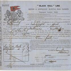 Passenger Contract Ticket - Issued to Sarah & Elizabeth Pratt, 'Netherby', Black Ball Line, London, 1862