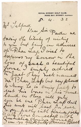 Letter - Black to Telford, Phar Lap's Death, 08 Apr 1932