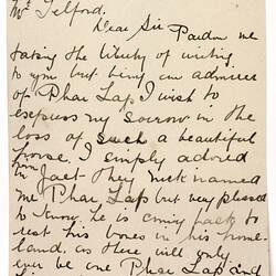 Letter - Black to Telford, Phar Lap's Death, 08 Apr 1932