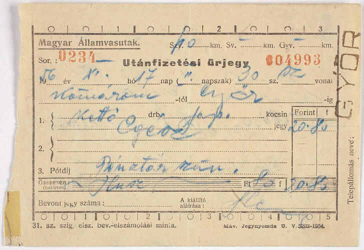 Train Ticket - Hungarian, 1957