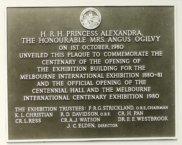Photograph - Plaque Commemorating the Centenary of the Melbourne International Exhibition, Royal Exhibition Building, Melbourne, circa 1980