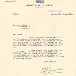Letter - State War Council Secretary to Mrs A. J. Kemp, Request for Funds, 28 Nov 1921