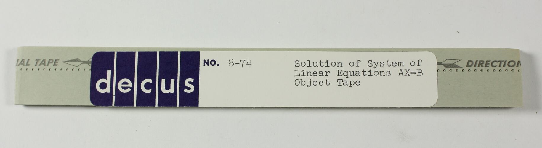 Folded paper tape marked '8-74 Solution of System of Linear Equations AX=B, Object Tape.