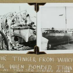 Two photographs of navy ships with white handwritten text below.
