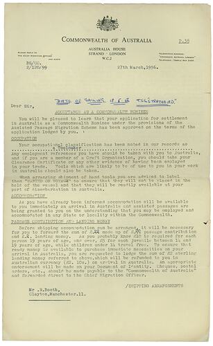 Letter - Acceptance as a Commonwealth Nominee, Commonwealth of Australia to Ronald Booth, 27 Mar 1956