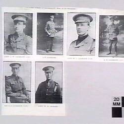 Newspaper Clipping showing six separate studio portraits of men in military uniform.