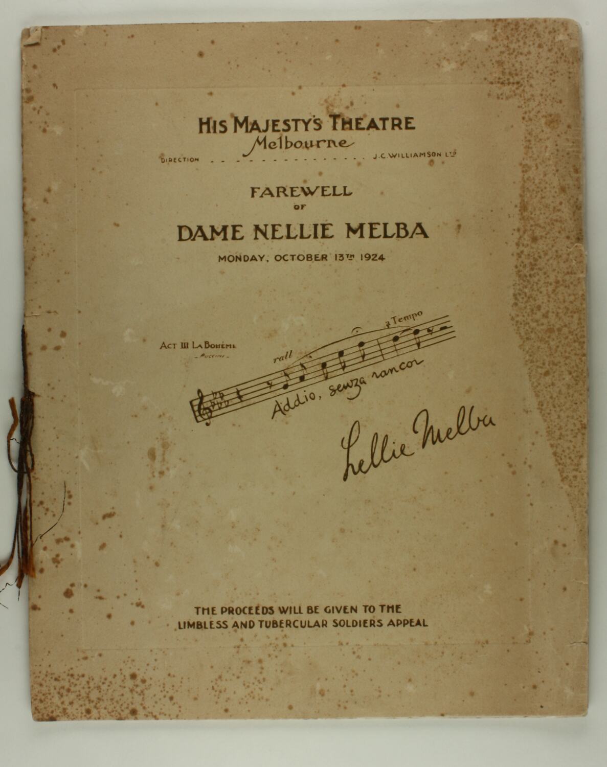 Programme Farewell of Dame Nellie Melba, La Boheme, His Majesty's