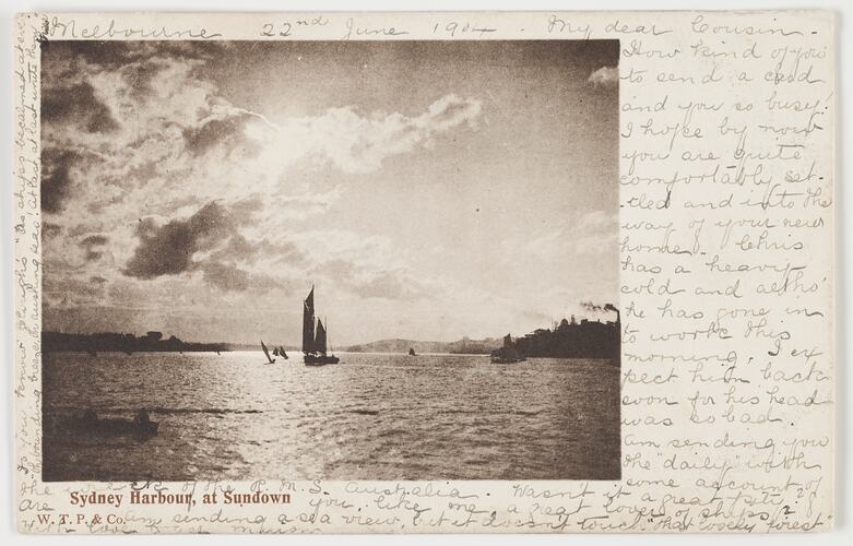 Postcard - Sydney Harbour at Sundown, To J. B. Scott from Marion Flinn, Melbourne, 22 Jun 1904