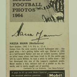 Football Card - Hassa Mann, Melbourne, Mobil VFL Football Photos Series, 1964