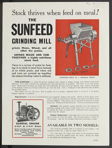 Publicity Flyer - H.V McKay Massey Harris, Sunfeed, Feed Grinding Mill, 1941