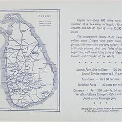 Inside of front cover of pale grey booklet. Blue printing of a map of Ceylon (Sri Lanka) and text to the right