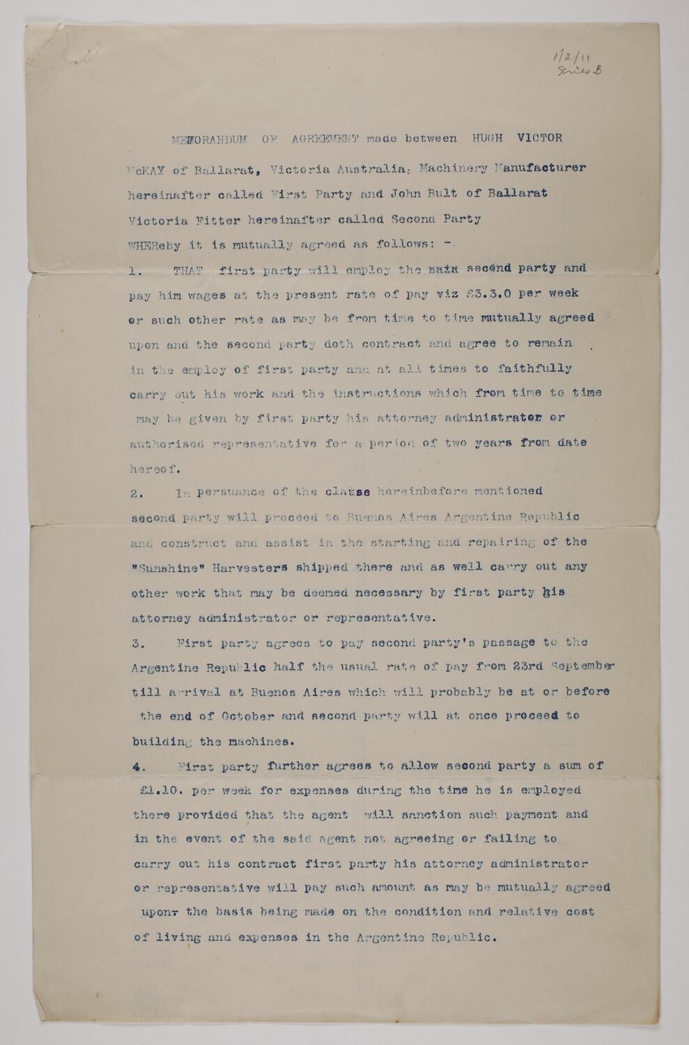 Copy of Memorandum of Agreement - H.V. McKay & John Bult ...