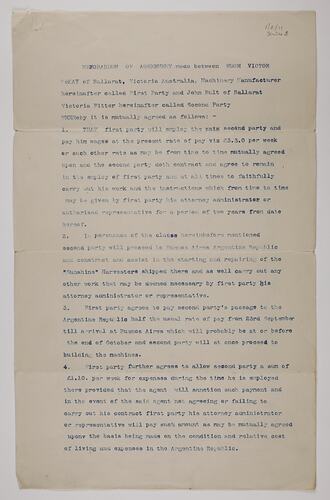 Copy of Memorandum of Agreement - H. V. McKay & John Bult, 22 Sep 1902