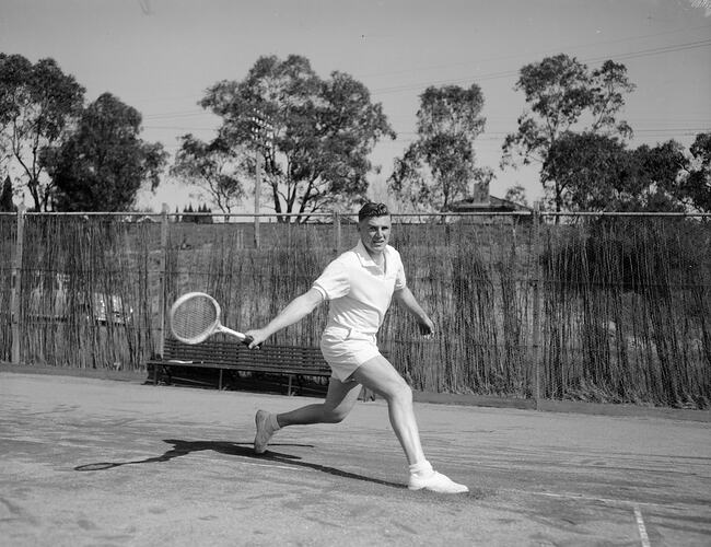 Dunlop Australia Ltd, Frank Sedgman Playing Tennis, Kooyong Tennis Courts, Kooyong, Victoria, Sep 1954