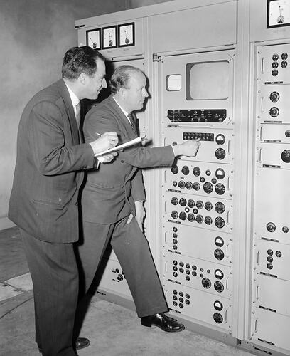 Two Men with Television Broadcasting Equipment, Melbourne, Victoria, 1956