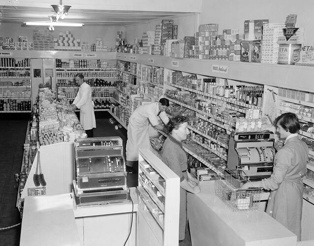 Workers & Customer in Grocery Store, St Kilda, Victoria, Sep 1955